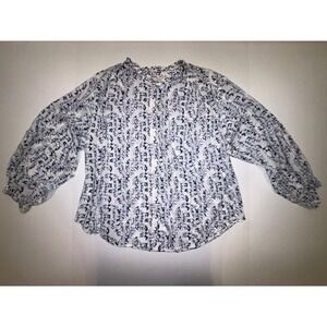 LOFT Women's Blue Floral Print Button Up Long- 3/4 Sleeve Blouse Size Small